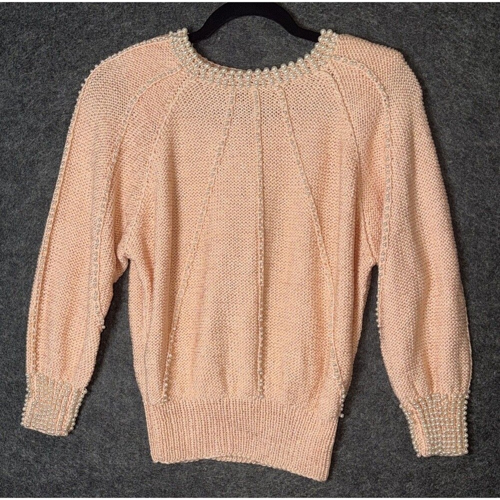Vintage Nannell Pastel Pink Beaded Sweater - Hand Knit Rayon Wool Blend - Size S